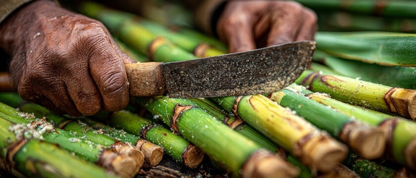Close-up of weathered hands using a machete to cut green sugarcane stalks, set against a blurred agricultural background.