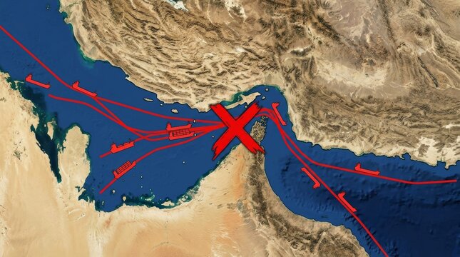 atellite view of the Strait of Hormuz with red shipping lines and a large red X mark, symbolizing a blockade, maritime conflict, or trade disruption in this strategic global oil chokepoint