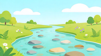 Obraz premium Winding blue river with stones and green meadows under sky