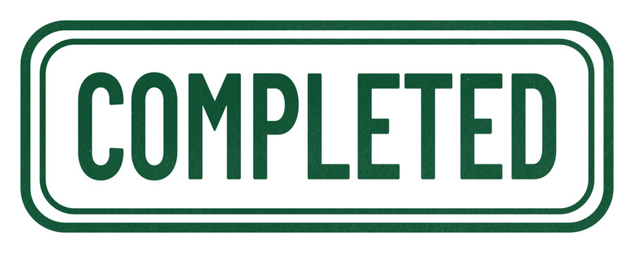 Green COMPLETED ink stamp with a distressed double rectangular border, isolated on a transparent background for finished tasks, projects, orders, and workflow status.