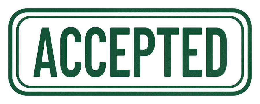 Green ACCEPTED ink stamp with a distressed double rectangular border, isolated on a transparent background for submissions, proposals, offers, and applications.
