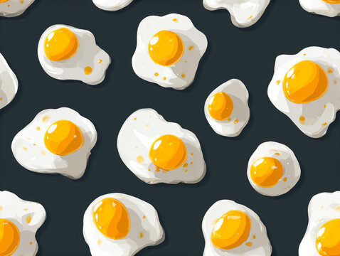 A cute and vibrant seamless pattern of sunny-side-up fried eggs with yellow yolks on a dark background in a modern flat design style. 