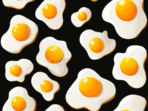 A cute and vibrant seamless pattern of sunny-side-up fried eggs with yellow yolks on a dark background in a modern flat design style. 