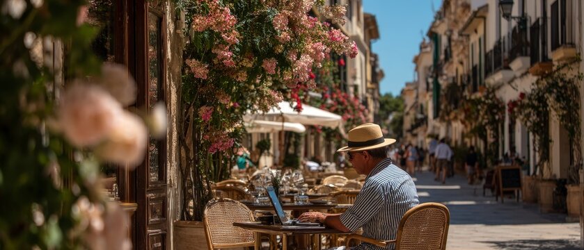 A relaxed man works on a laptop at a sun-drenched outdoor cafe adorned with blooming flowers, set against the backdrop of a.