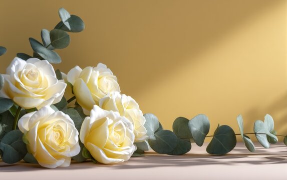 Elegant fresh pale yellow rose bouquet with eucalyptus branch on beige