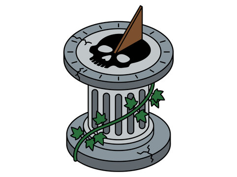 Isometric Stone Sundial with Skull Shadow and Ivy Memento Mori Illustration
