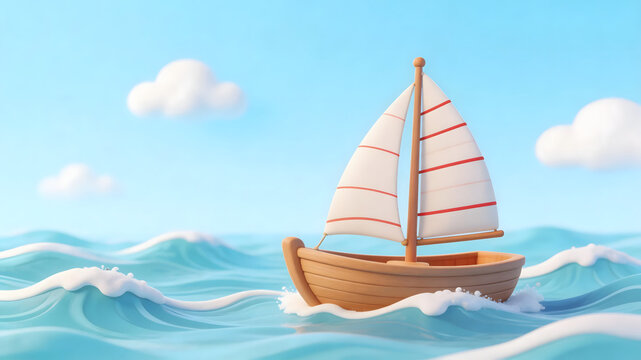 Wooden sailboat with white sails and red stripes on blue ocean waves