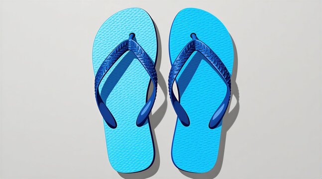 Pair of bright blue flip flops isolated on white background. Rubber summer footwear for beach vacation, pool leisure. Simple stylish sandals with textured pattern strap. Trendy casual accessories for