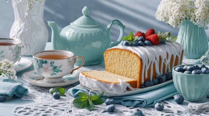 Fototapeta premium Fresh homemade cake with white icing and fresh berries near tea set on table