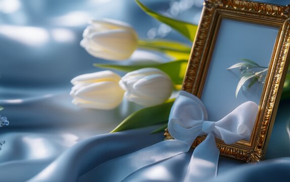 Elegant white tulip flower bouquet with gold frame and satin ribbon decor