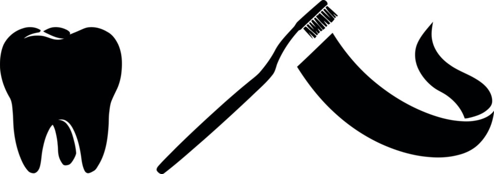 Silhouette dental care icons with tooth, toothbrush and toothpaste on white background for health design