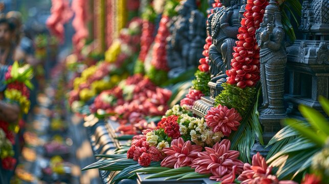 Traditional vibrant floral offering with statues and garlands in temple