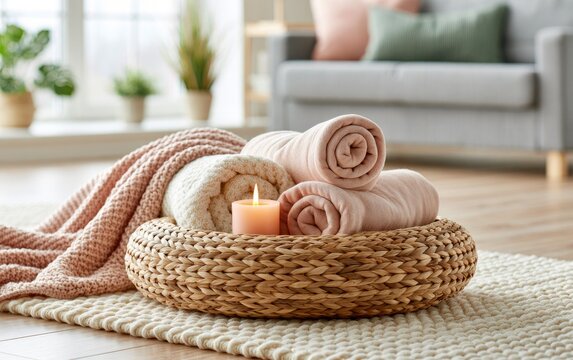 Cozy wicker basket with rolled soft towel and lit candle in warm living room
