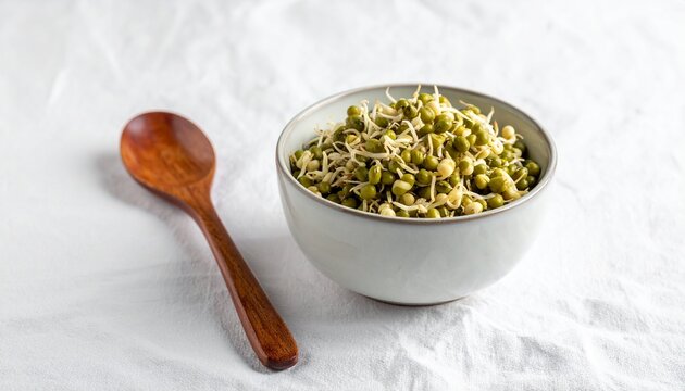 A ceramic bowl filled with fresh mung bean sprouts and a wooden spoon placed on a clean white linen background for a healthy lifestyle concept.