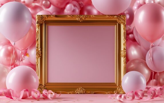 Ornate empty gold frame with pink background and pink balloon decoration