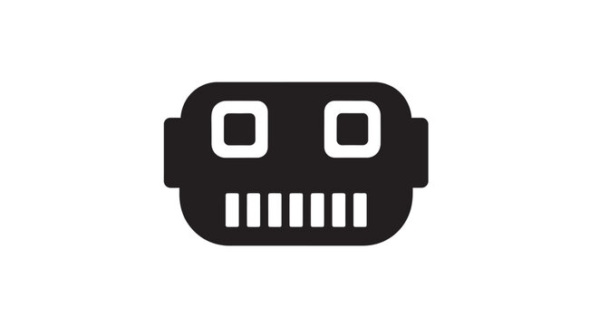 A simple black and white icon representing a mechanical robot head