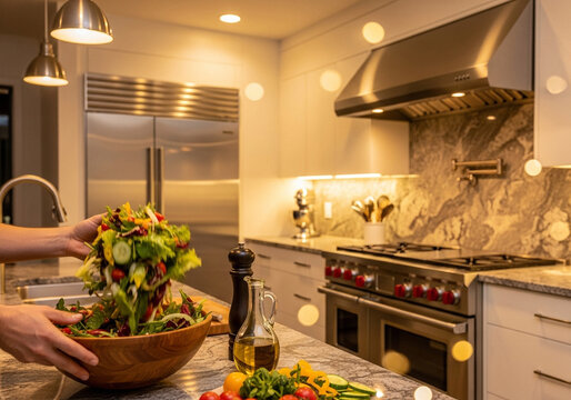 Luxury kitchen with fresh salad preparation