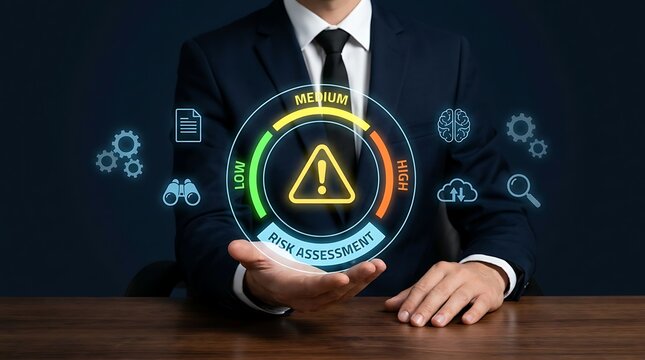 Business person showing digital risk assessment hologram with low medium and high alert levels for modern corporate management and strategic cyber security planning data analysis tools.