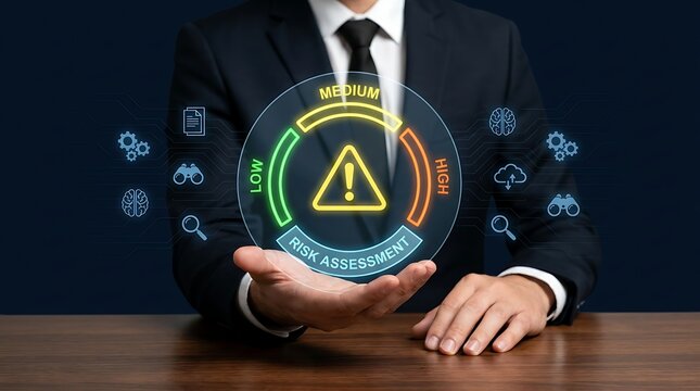 Professional businessman presenting digital risk assessment holographic dashboard with low medium and high levels for corporate management and strategic cyber security planning data analysis.