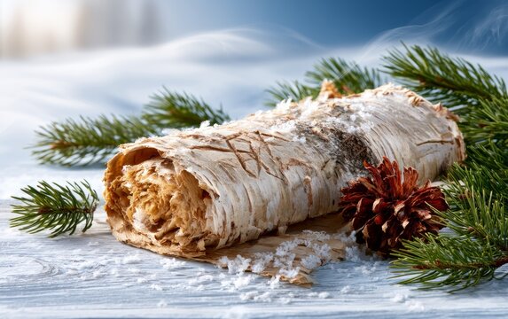Close-up of birch bark with snow and pinecone on wooden surface with evergreen leaves