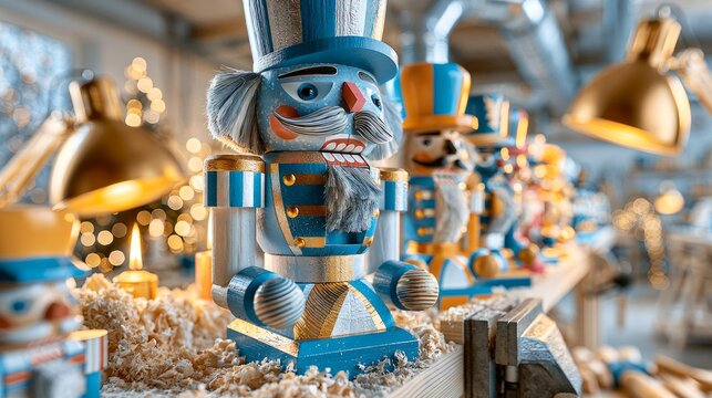 Wooden nutcracker doll in blue and gold uniform with mustache on wooden shelf