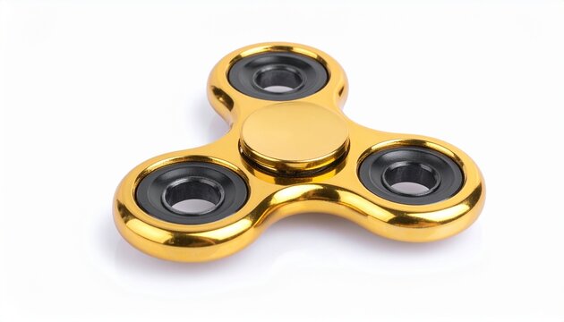 A shiny gold metallic fidget spinner toy isolated on a clean white background perfect for stress relief and focus improvement concepts.