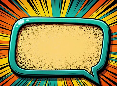 Bright comic book speech bubble with halftone dots and teal border. Dynamic sunburst pattern background in yellow orange teal colours. Copy space.