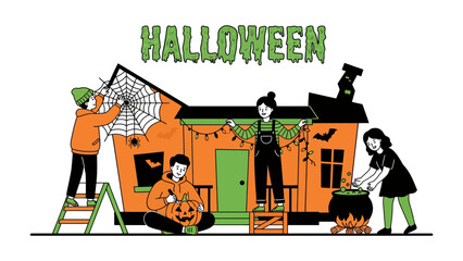 Halloween Celebration Preparation: A group of friends adorn a house with Halloween decorations, including a large spiderweb, festive lights, and a carved pumpkin.