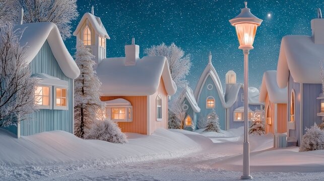 Snow-covered cozy small house village street with glowing lamppost winter scene