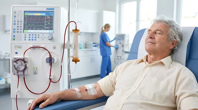Elderly male patient with closed eyes resting comfortably in chair while connected to automated hemodialysis equipment in modern hospital room with blurred nurse working background.