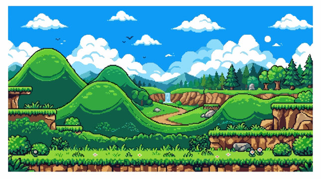 Pixel art 2D platformer background featuring a seamless looping landscape with an 8-bit sky, fluffy white clouds, vibrant green grass, and lush bushes for retro video game development.