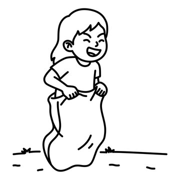 Happy girl playing sack race. Lomba balap karung