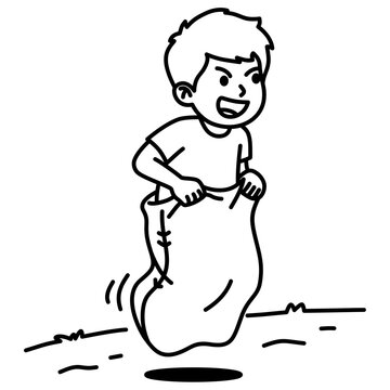Boy playing sack race. Lomba balap karung