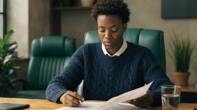 Medium shot of client reviewing residential mortgage preapproval letter with pen in hand main document in sharp focus and background softly blurred