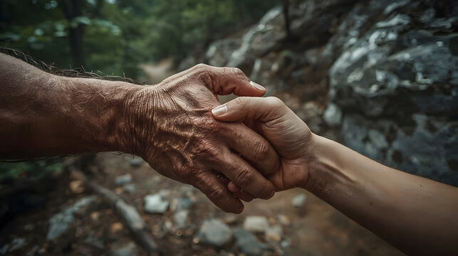 Young hand assisting senior on rocky trail