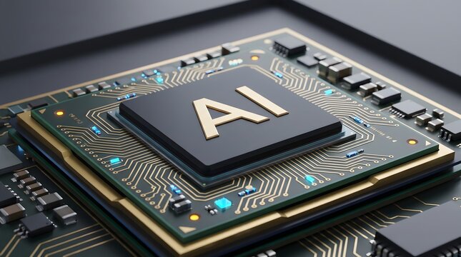 Advanced artificial intelligence microchip hardware showing powerful processor core mounted on high tech computer circuit board