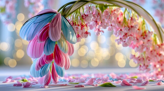 Colorful ribbon decoration with pink flower petals and bokeh light