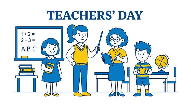 Teachers' Day Celebration: A heartwarming scene depicts a teacher guiding students in a classroom setting, celebrating the invaluable contribution of educators on Teachers' Day.