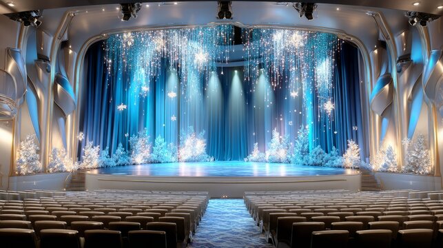 Elegant Indoor Theater Venue with Winter Themed Decorations and Blue Lighting for Performances