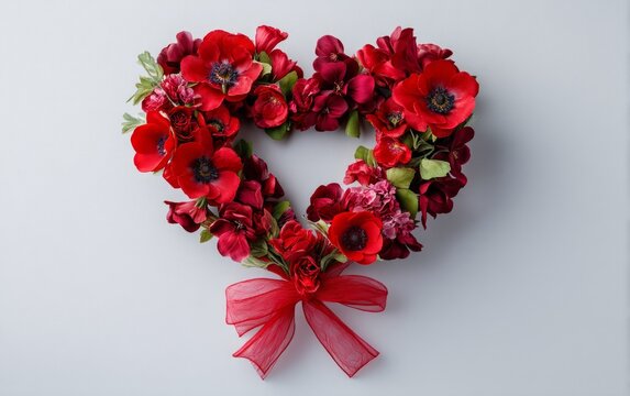 Heart-shaped arrangement of vibrant red flowers with gift ribbon bow