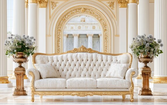 Luxurious classic white sofa with gold details in elegant palace interior