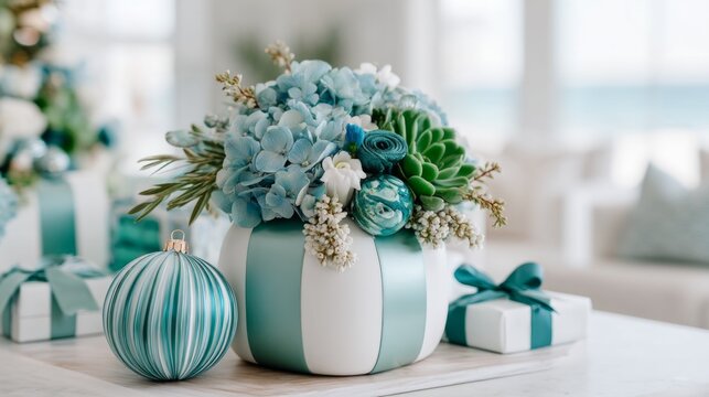 Elegant Floral Arrangement with Blue Flowers and Decorative Ornament on Table