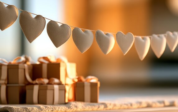 Soft hanging heart decorations with wrapped gift boxes in warm light