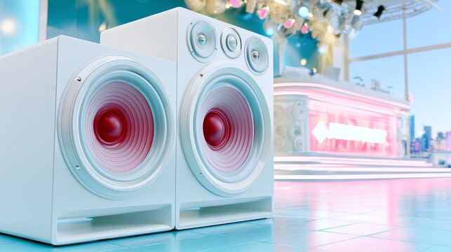 Modern white speaker system with large drivers on glossy tiled floor in bright room
