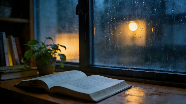 Open book on wooden desk beside rainy window with warm light