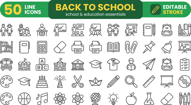 Back to school educational line icon set featuring 50 classroom supplies and academic learning symbols with editable stroke education learning