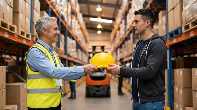 Supervisor gives safety helmet to employee in warehouse, work safety and teamwork in industrial logistics setting, preparing for manual labor and handling goods.