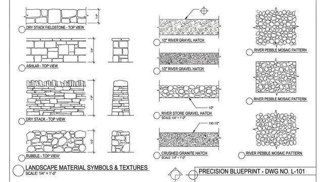 Technical architectural CAD drawing stone wall texture showing top and side view cross section pattern with gravel pebble infill for construction masonry design mapping detail illustration