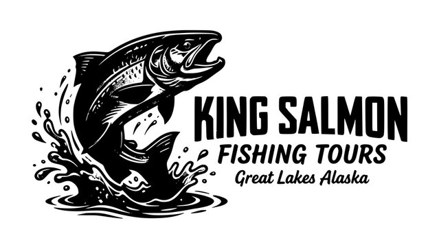 Black and white illustration of a jumping king salmon for fishing tours logo design