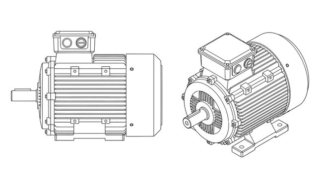 Professional vector engineering technical illustration of an industrial asynchronous electric motor machine part isolated on white background showing detailed blueprint schematic and mechanical design